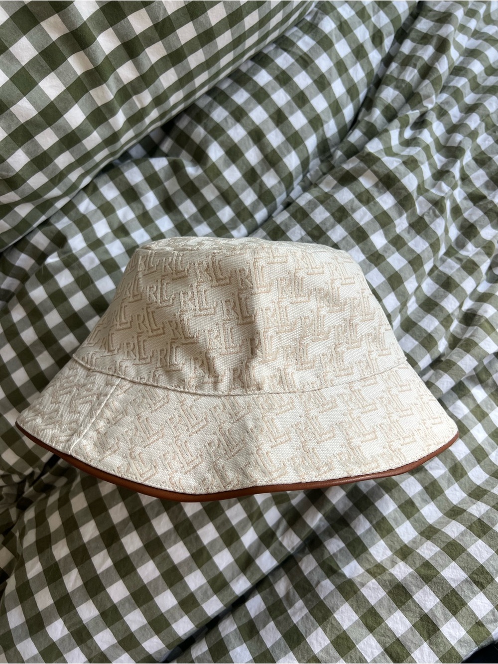 Lauren Ralph Lauren Cream LRL Monogram Jacquard Bucket Hat Leather Trim